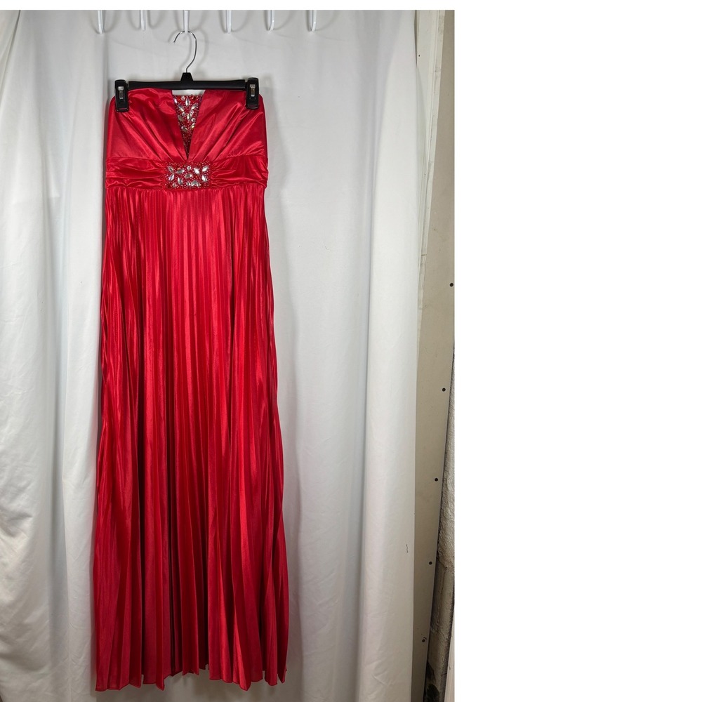 mymichelle Red Strapless Beaded Rhinestone Pleated Maxi Dress Size L NWT